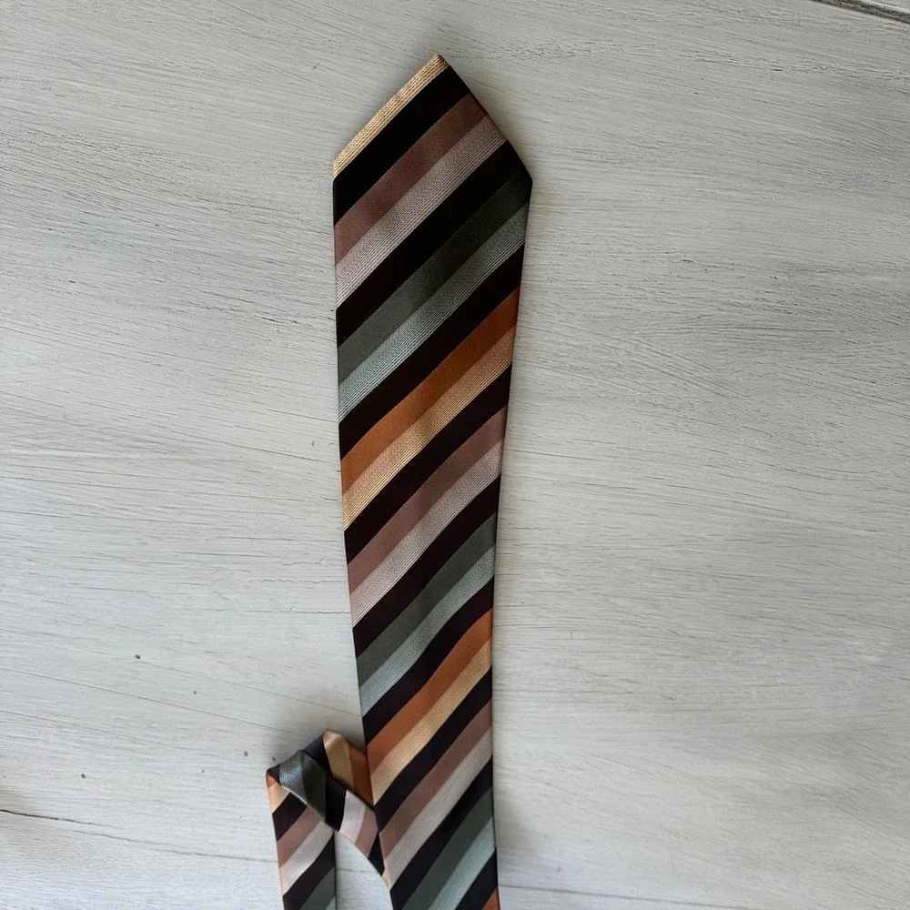 BCBG Attitude Men's Striped Silk Tie Brown Orange Green Beige Business OR Casual
